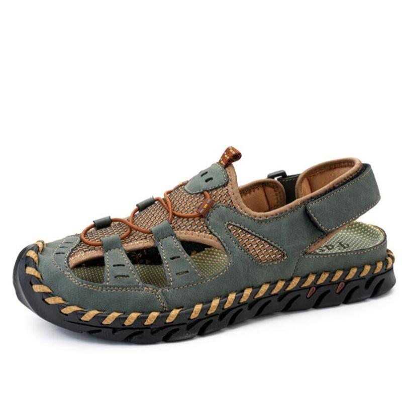 

Men s Genuine Leather Sandals, Durable Handmade Stitching Close Toe Non Slip Shoes For Indoor Outdoor Beach 46 зелёный