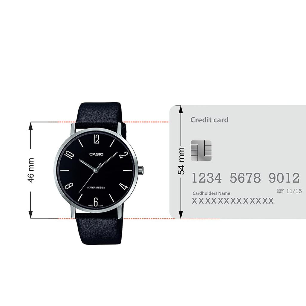 Casio Minimalist Black Dial Analog Watch with Black Leather Analog Watch with Quartz MTP-VT01L-1B2 Men's Band, White. Movement.