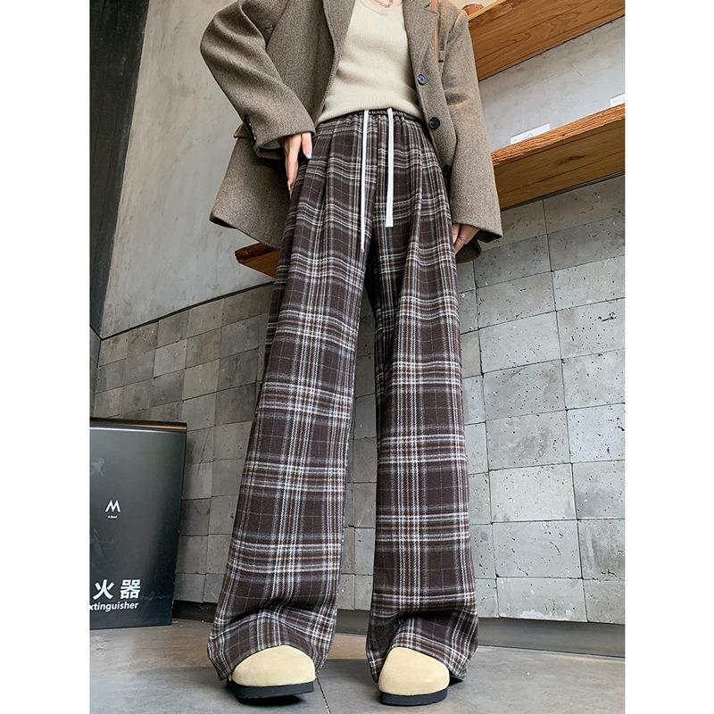 Coffee plaid woolen wide-leg pants women's new autumn clothing lazy and relaxed high waist thin straight-leg pants