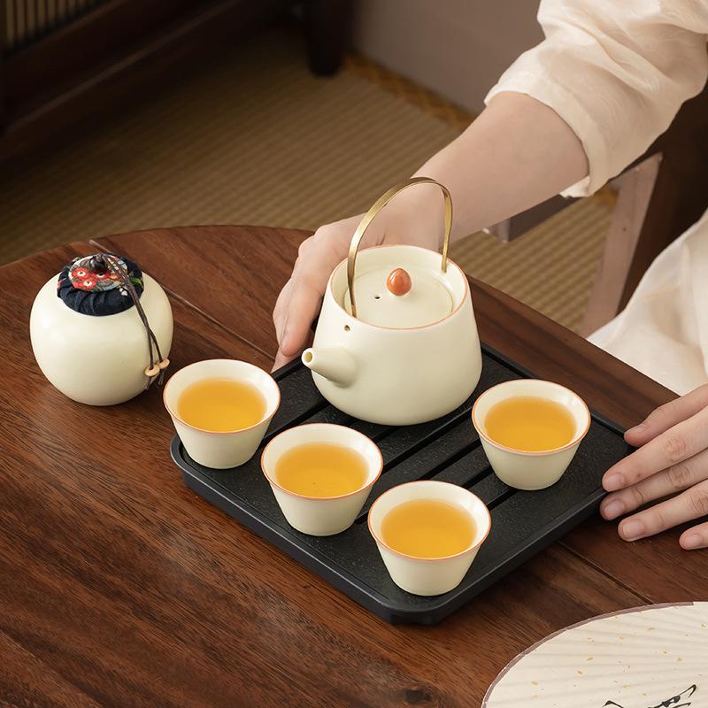 Simple solid color Ru kiln portable travel tea set car outdoor kung fu beam teapot business trip business gift