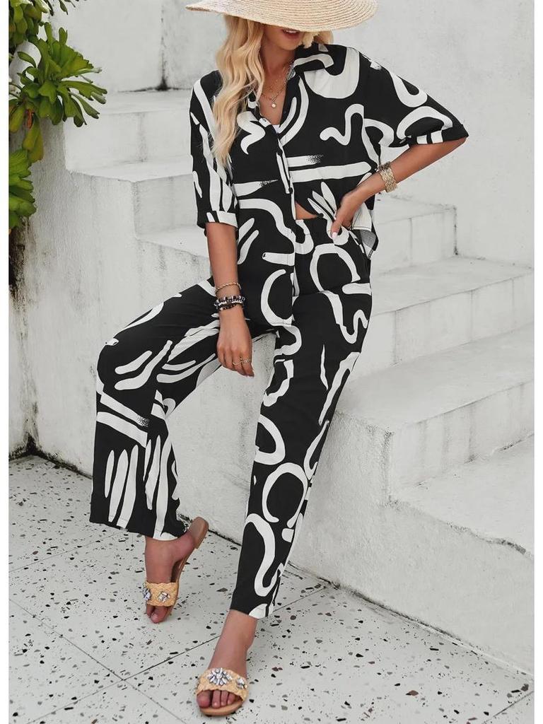 Diyun Pomichia Damen Frühling/Sommer 2025 Lässiger bedruckter Hosenanzug mit kurzen Ärmeln