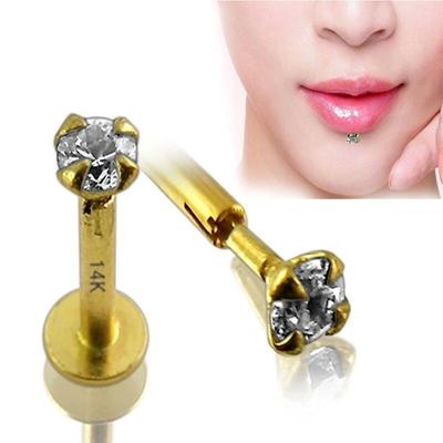 KODY PIERCING 14-karätiger Gold-Edelstein-Lippen-Labret-Piercing-Schmuck aus hohlem Gelbgold mit Zirkon-CZ-Quadrat, 2,0 mm Fassung, 10 mm Länge