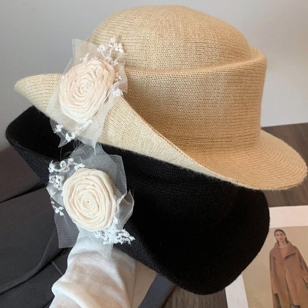 Floral Black Knitted Hat French Style Women Fisherman Hat Retro Hepburn Style Topper Hat Dinner