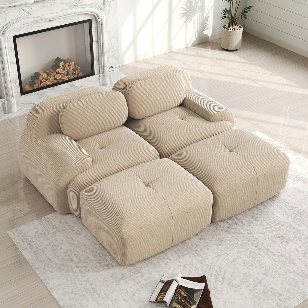 2-Seater sofa made of corduroy fabric, frameless, combinable with chaise longue, non-slip, armrests and elastic upholstery, beige
