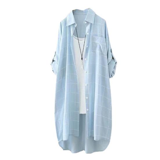 

Женская рубашка средней длины с отложным воротником, однобортная, неровный подол, свободная клетчатая рубашка с нагрудным карманом, запонка с длинным рукавом, мягкая дышащая женская блузка L синий