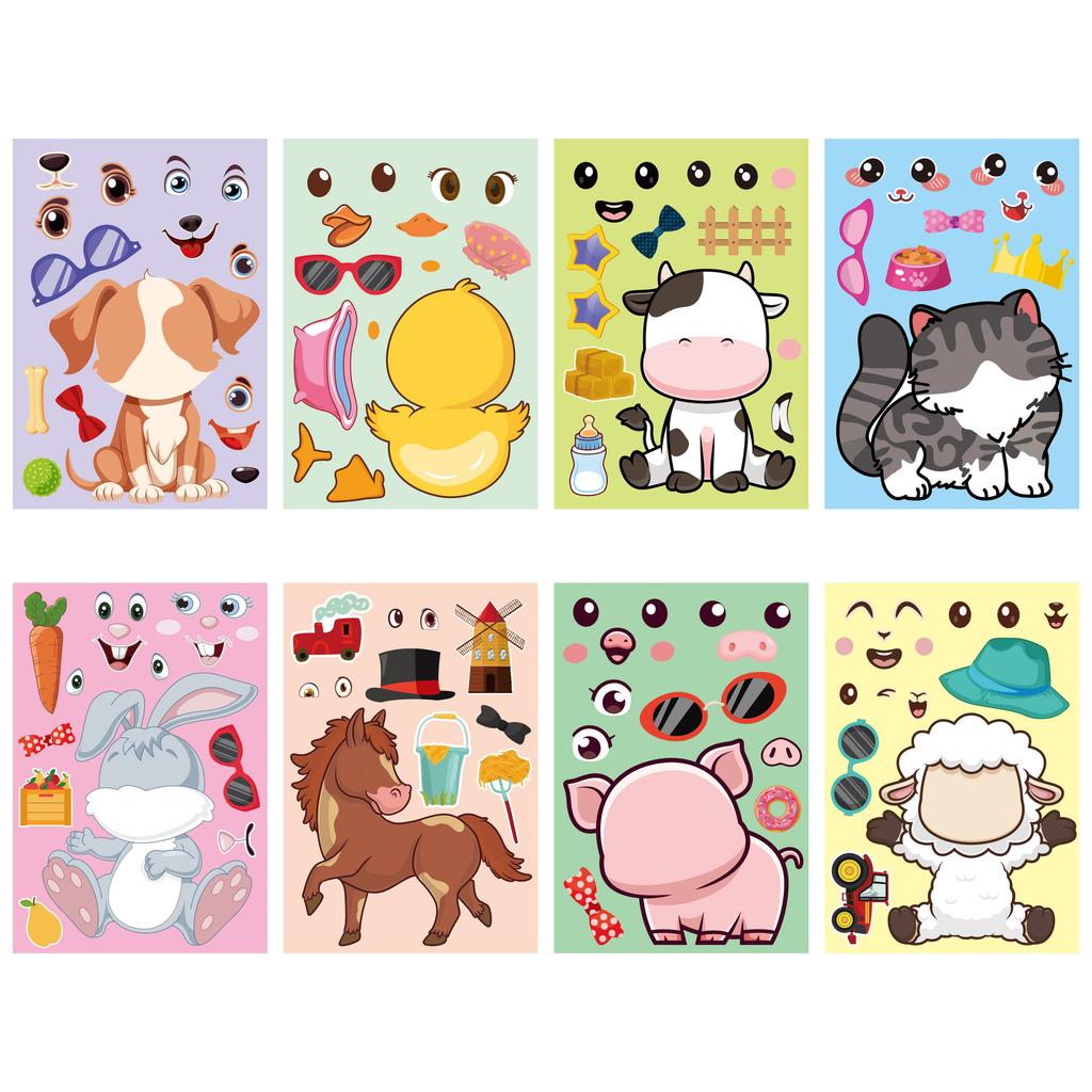 16 Sheets/set Farm Animals Stickers for Kids Cartoon Animal Face Swap DIY Creative Educational Stickers