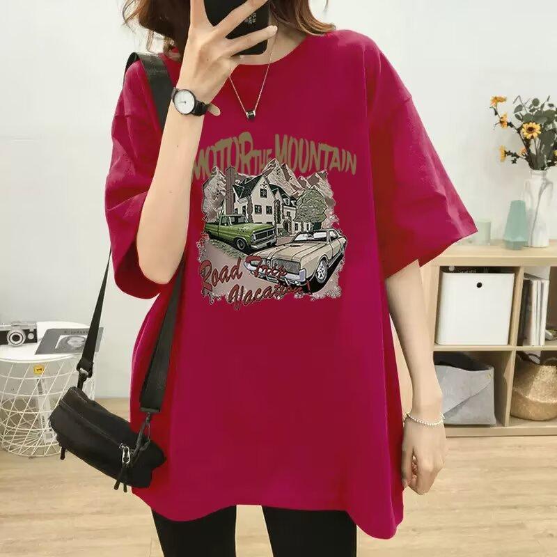 Summer new cartoon printed cotton five-quarter sleeve T-shirt women's loose large size casual fashion versatile top