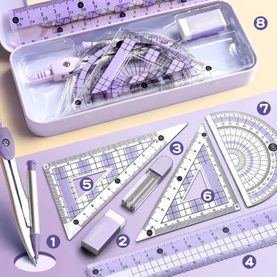 8-teiliges Set Messlineale für Schüler einschließlich Zirkel, Winkelmesser, Dreiecklineal, Mess- und Zeichenzubehör