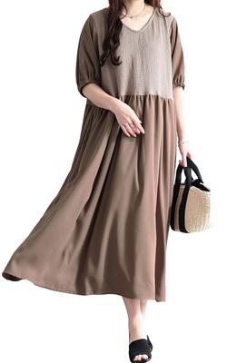 Gold Japan Plus Size Perfect for and Size Beige Fem-586 Women's Dress, Long, V-Neck, Docking, 5/8 Sleeves, Flared, Summer, Autumn, Spring, LL,