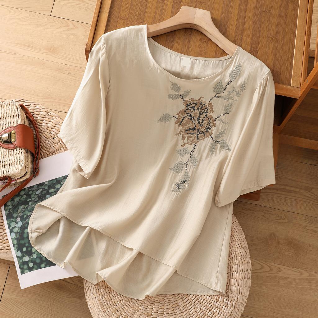 DIMANAF 2025 New Summer Plus Size T-Shirt Women O-Neck Short Sleeve Vintage Linen Loose Tops Tees Maxi