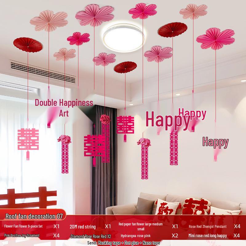 Wedding Ceiling Decoration: Double Happiness Pull Flower Ornament for Bedroom