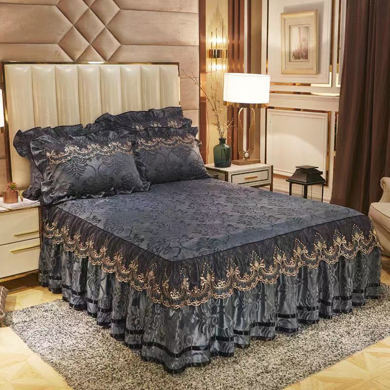 1pc Bed Skirt + 2pcs Pillowcase, Luxury Embossing Velvet Bedspread King Queen Size Romance Embroidery Lace Short Plush Bed Skirt