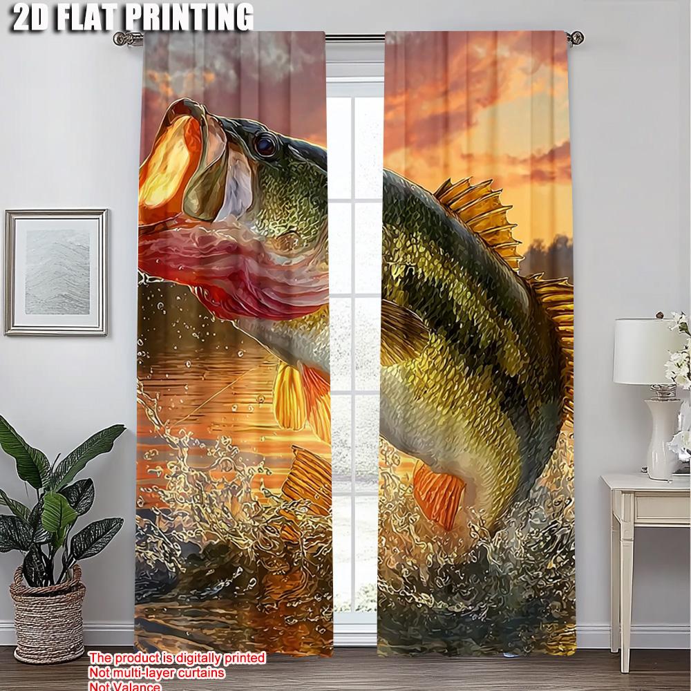 2pcs,2D Plane Printing Window Curtain Fishing Enthusiast Durable Polyester (without Rod) Outdoor Decorations for Season Home