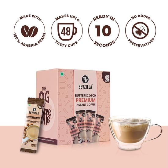 Bevzilla 48 Instant Coffee Powder Sachets (Butterscotch) - 96 Grams| Hot & Cold Coffee| Makes 48 Cups|Arabica Coffee