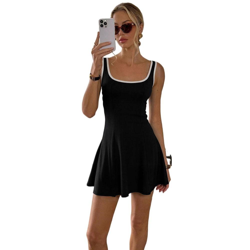 Women Square Neck Tank Dress Sleeveless A Line Mini Dress Contrast Binding Casual Summer Dress