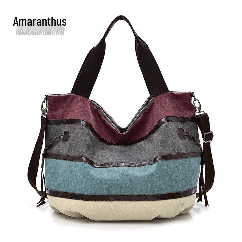 2024 Europeisk & Amerikansk Retro Canvas Regnbågs Patchwork Dam Stor Kapacitet Axelväska