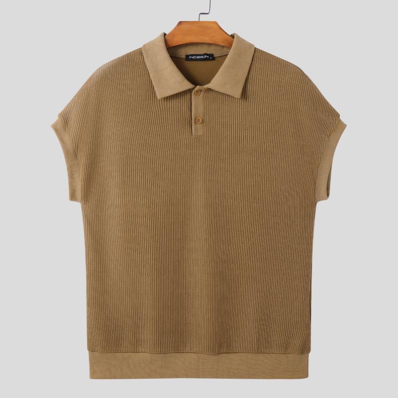 INCERUN Men Lapel Neck Solid Color Stitching Texture Casual T-shirt Tops