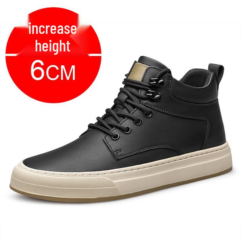 Men's Autumn Invisible Height-Boost 8cm Breathable Cowhide 6-Hole Mid-Top Shoes, British Style Sports Casual Board Sneakers