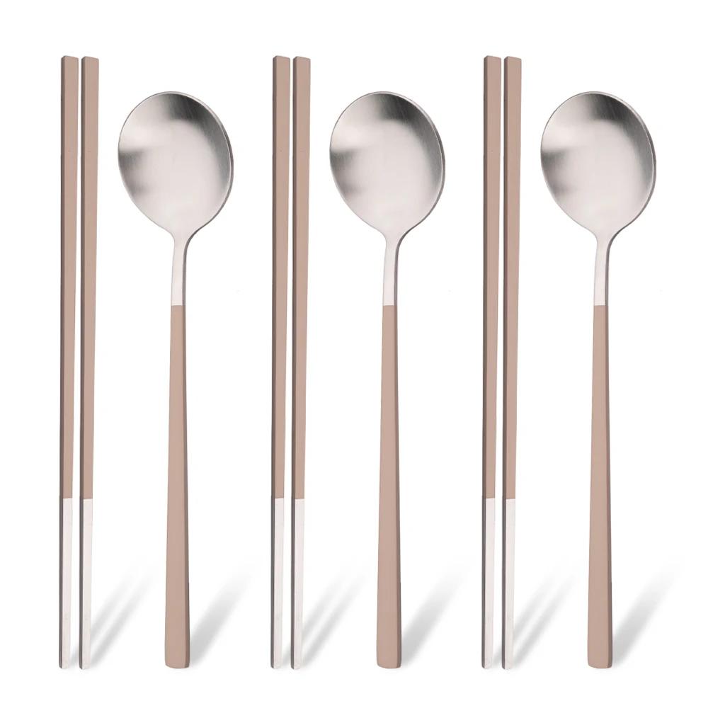 Pink Silver Matte Korean Tableware Set 6Pcs Luxury Cutlery Set Stainless Steel Dinnerware Spoon Chopsticks Flatware Cutlery Set