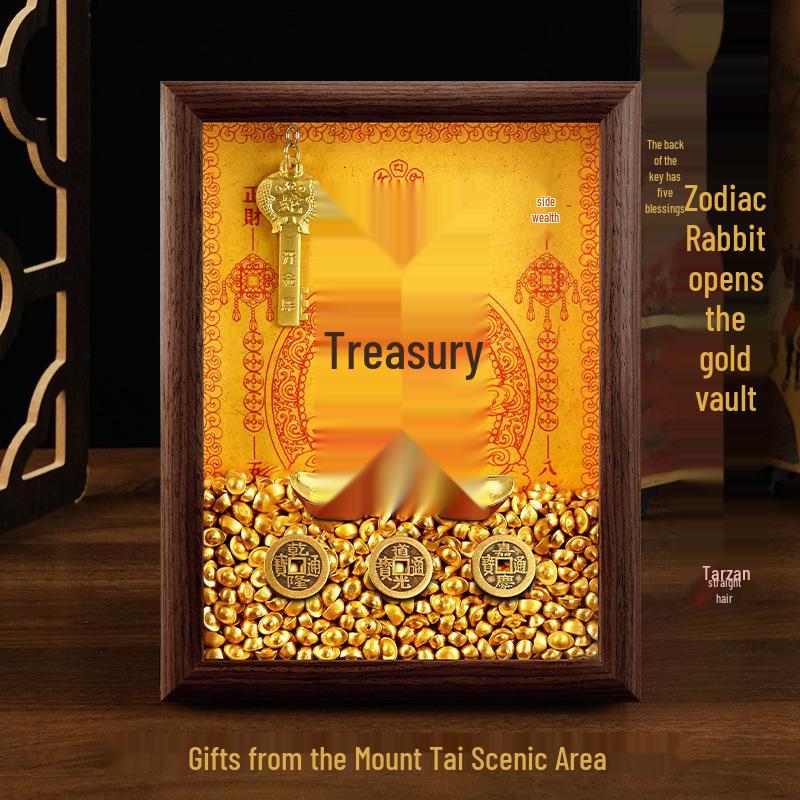 2025 Auspicious Open Wealth Photo Frame with Golden Key, Solid Wood Entrance Foyer, Zodiac Animals, Five Roads to Attract Wealth.