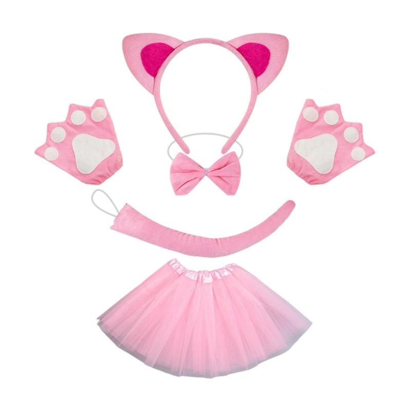 Cats Costume Set Includes Cats Tail Headband Bowtie Glove Skirt Halloween Catgirl Dress up Outfit for Kid Women Cosplay