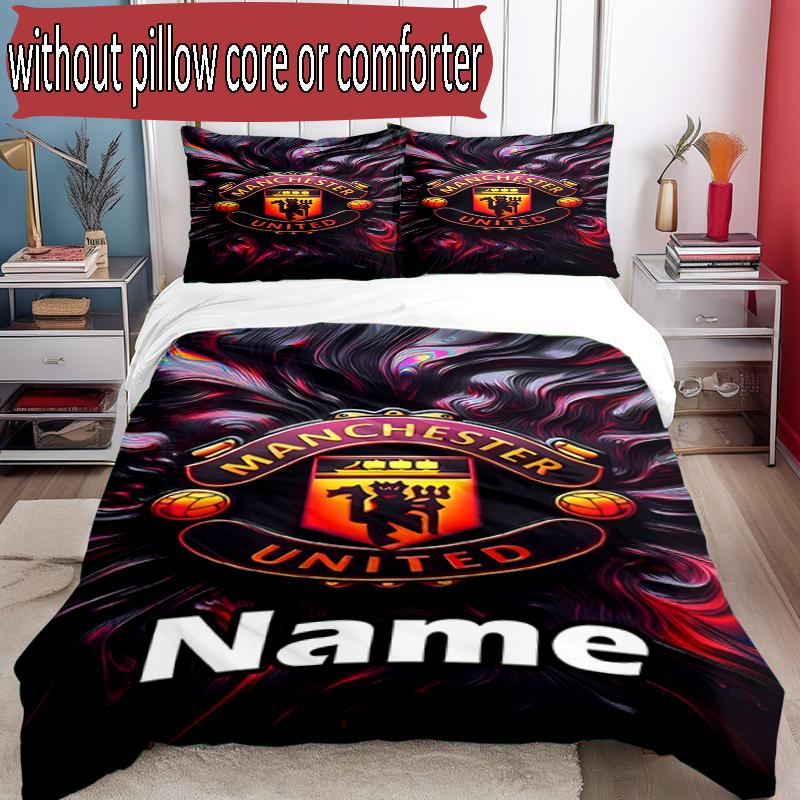 3pcs Duvet Cover Set (1*Duvet Cover + 2*Pillowcase, Without Core), Custom Name Manchester Football F.C Pattern Bedding Set, Home Bedroom Decor Gift
