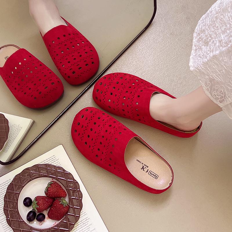 Fashion Aphixta Pink Hollow Slides Rubber Sole Woman Slippers Round Toe Flip Flops Red Flat With Beach Shoes Outside Sandals Half Slide