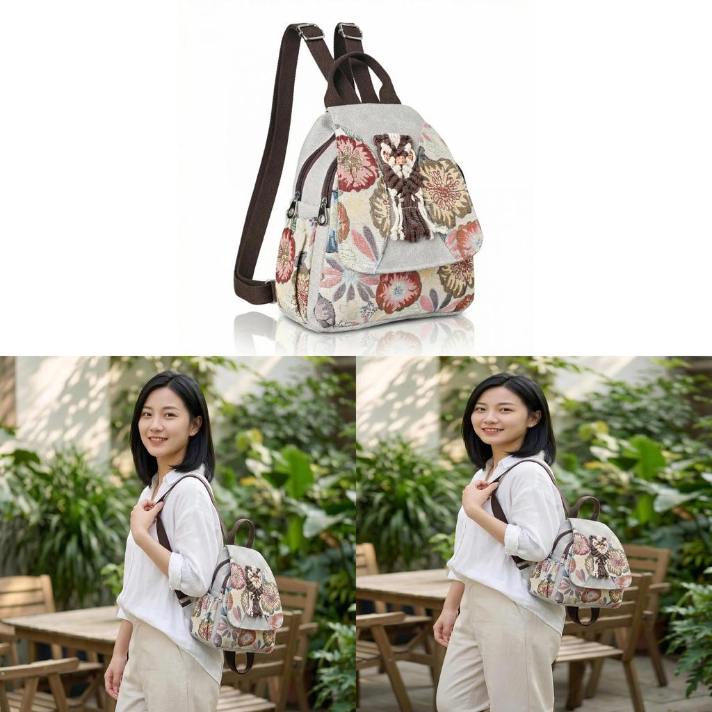 Ethnic Embroidered Backpack For Women With Cotton Linen Material For Travel And Casual Use