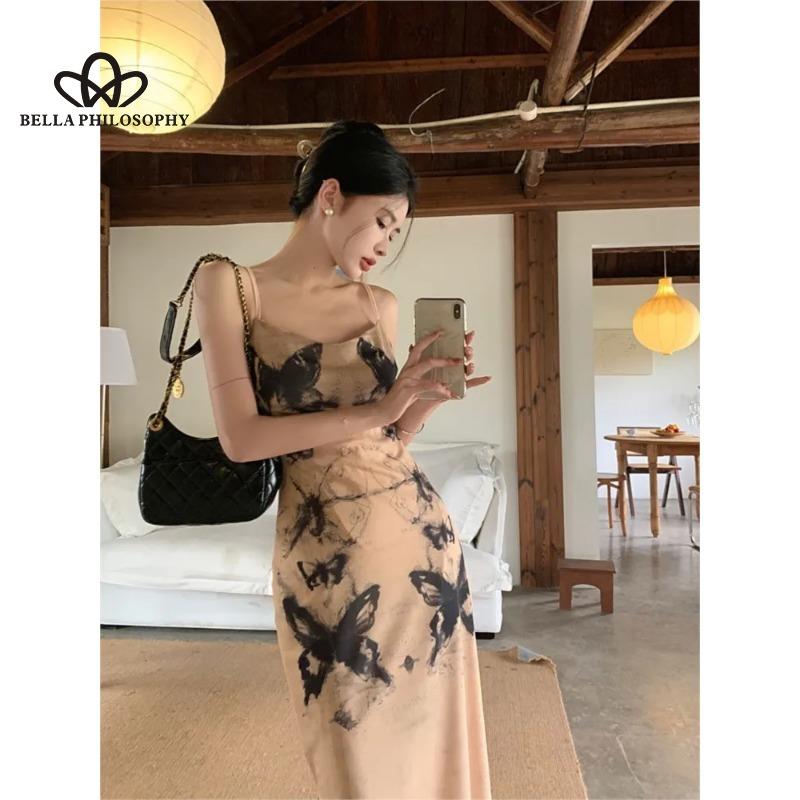 Summer French Style Design Sense Unique Ink Butterfly Print Waist Pleated Slim-fit Slim-fit A-strap Dress