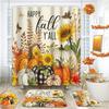 Fall Pumpkins Bathroom Set With Shower Curtain And Rug And Accessories, Autumn Sunflowers Botanical Leaves Thanksgiving Harvest