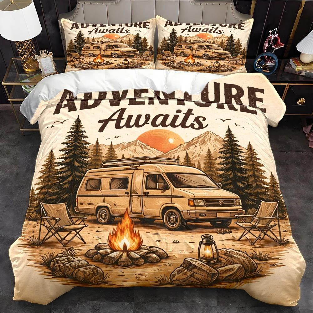 3Pc Adventure Awaits Camping-Themed Duvet Cover Set, Three-Piece Bedding Set Suitable for All Seasons, Machine Washable