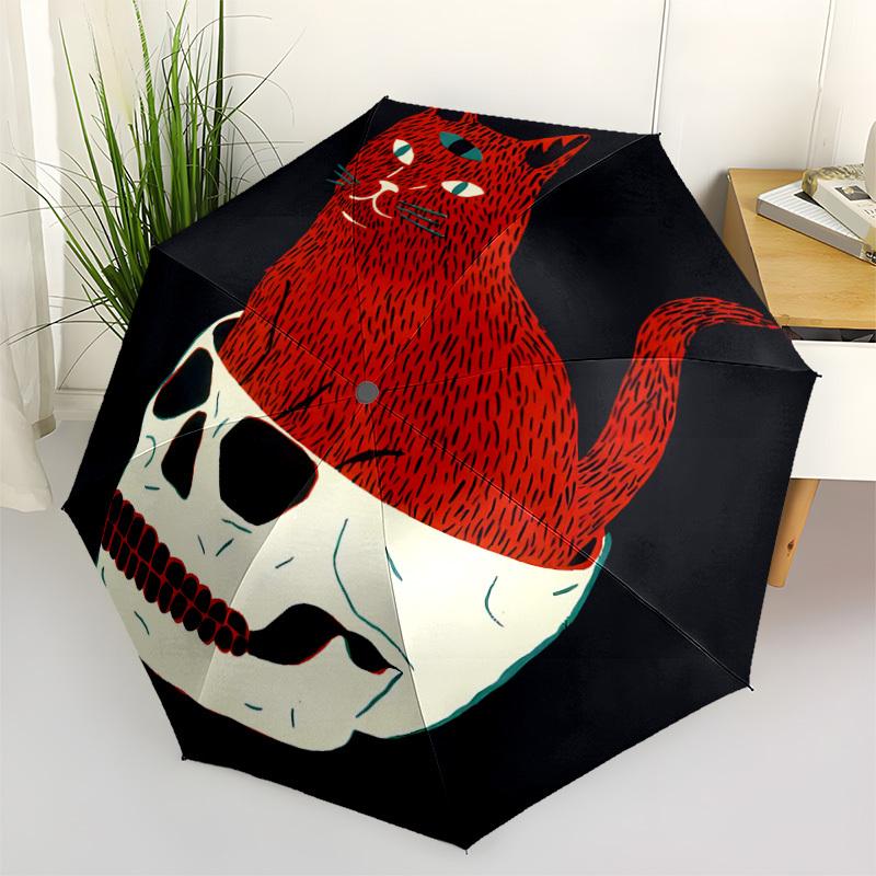 1pc Cat Skull Automatic Umbrella - 8-Rib Portable Folding Black Iron Frame for Outdoor, Beach, Travel, Beach Umbrella,039