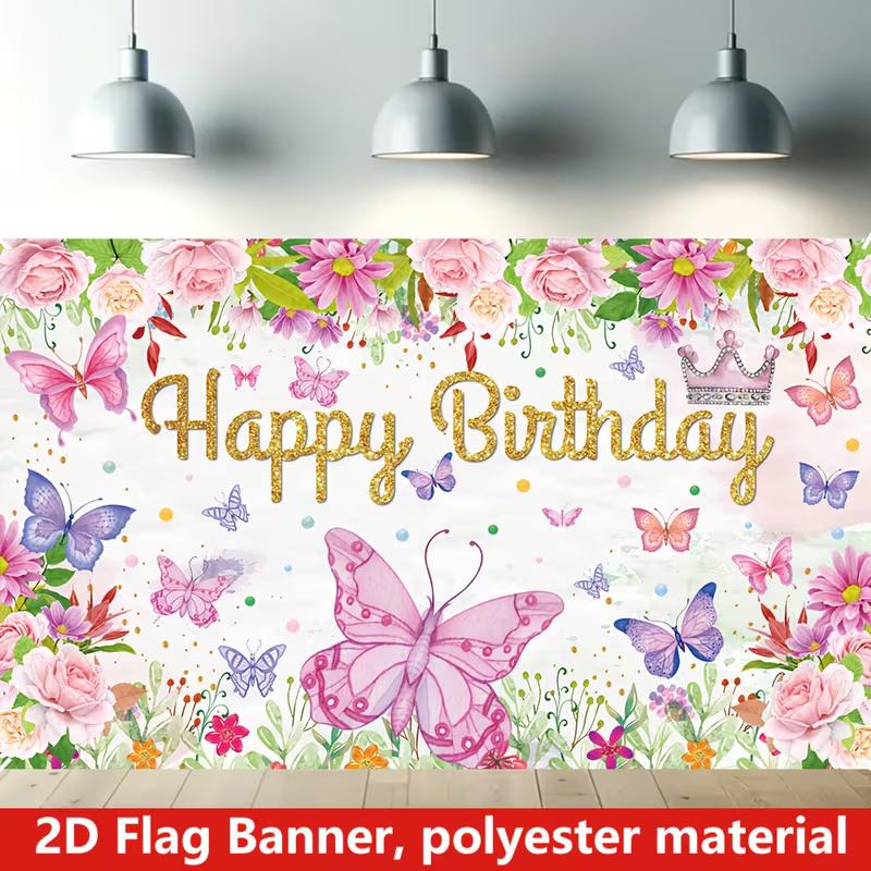 2D Princess Crown Butterfly Backdrop for Girl's Elegant Themed Party Decor