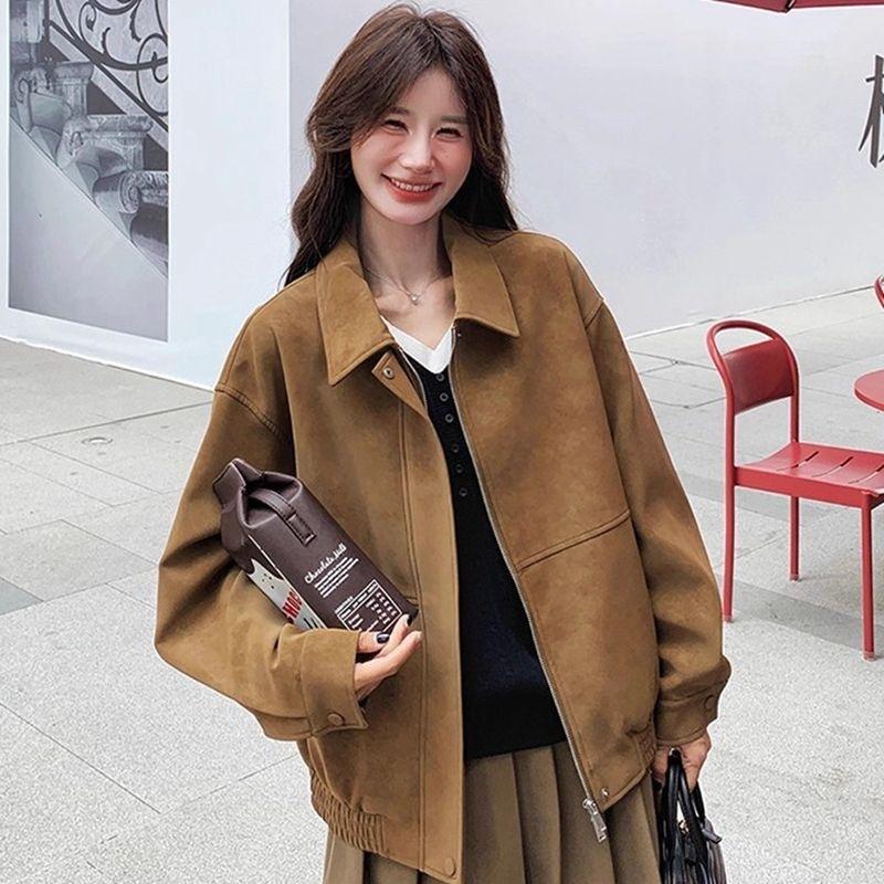 Women S Vintage Suede Jacket Loose Fit Lapel Casual Moto Coat