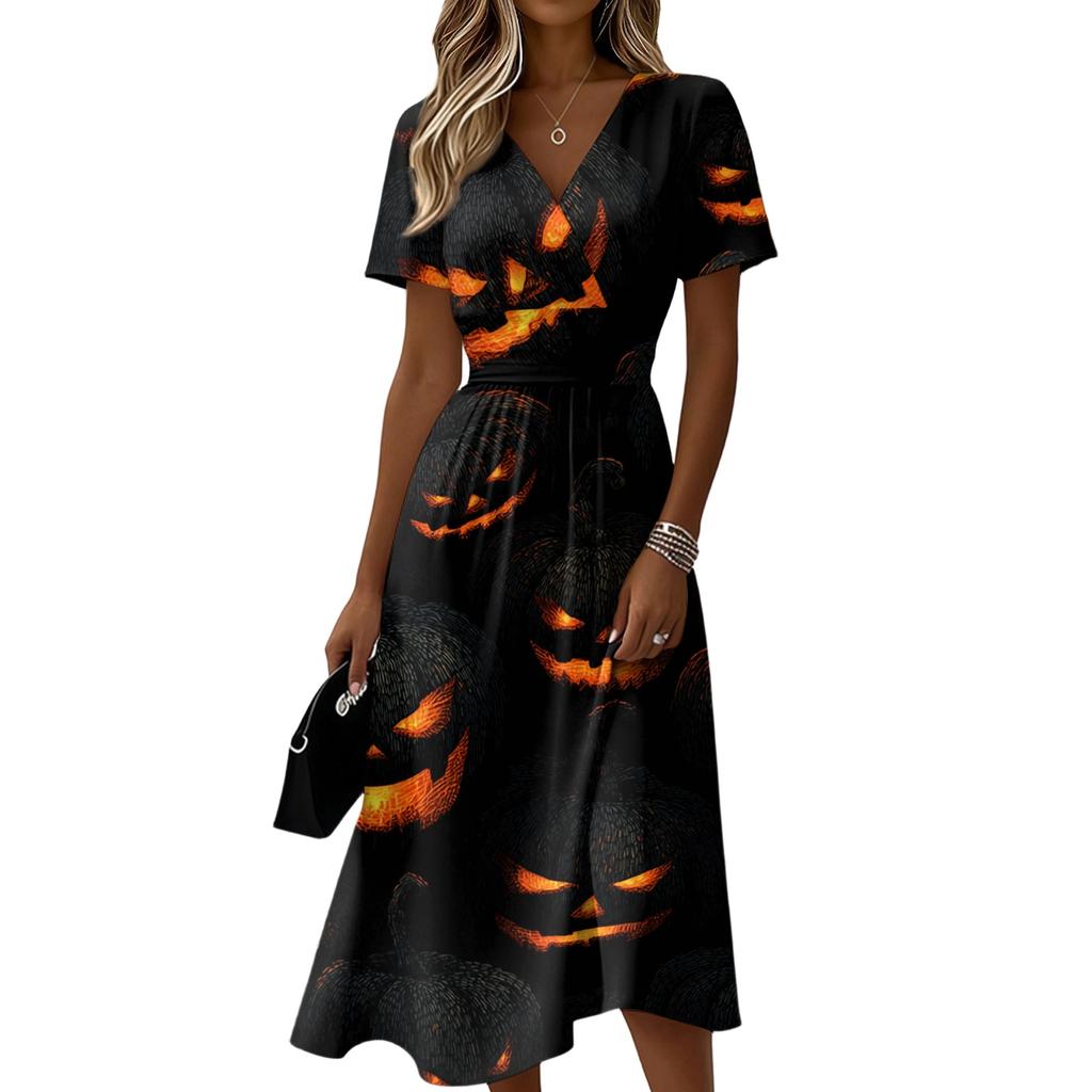 Women's V-Neck Short Sleeve Casual Dress with Halloween Print for Party and Daily Wear