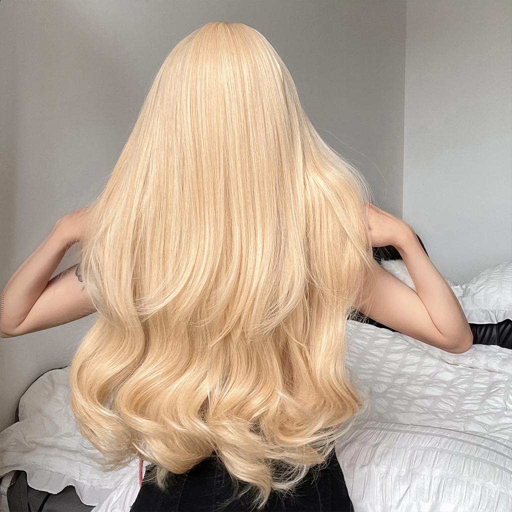 Long Blonde Wavy Synthetic Wigs with Bangs Lolita Cosplay Blonde Halloween Natural Wave Hair Wigs for White Women Heat Resistant