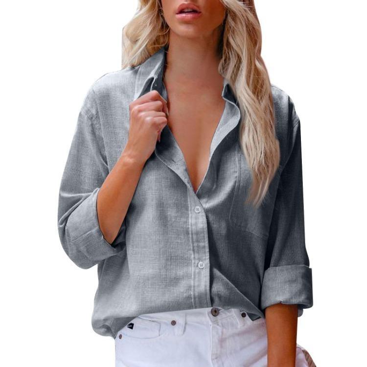 Classic Lapel Blouse Long Sleeve Button Shirt Women's Cotton Linen