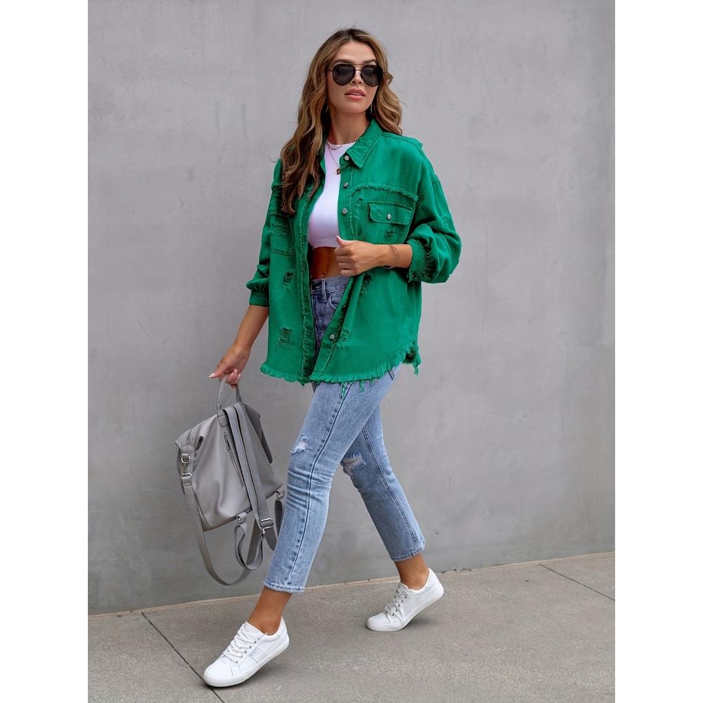 Denim Jacket Women Solid Color Loose,Jacket Hole Breaking Long Sleeve Women's Denim Shirt