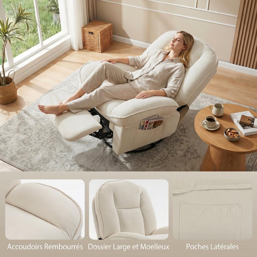Chenille Reclining Armchair, 360 Degree Swivel, Side Pockets, Cream