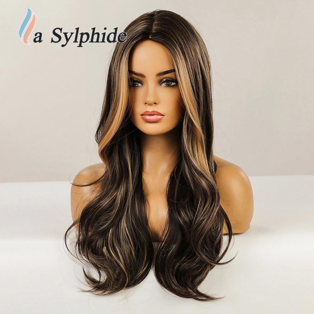 Women's Full Head Wig, Brown Gradient Middle Part Long Curly Synthetic Hair, Machine‑Made, Can Be Tied Into Bun