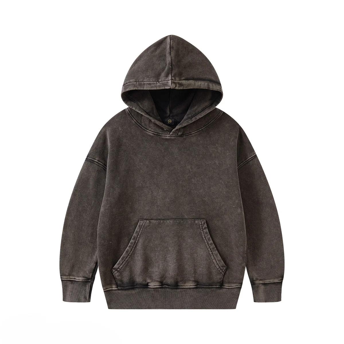 

Детская уличная одежда, модные, классные, 350 г, махровый хлопок, винтажные толстовки с капюшоном на молнии для мальчиков и девочек, повседневные спортивные топы, верхняя одежда, детская одежда черный серый