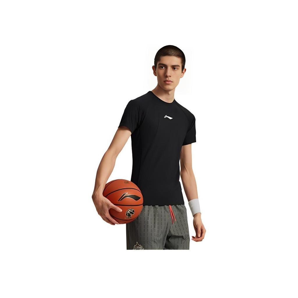 Li Ning CBA Series Solid Color Logo Round Neck Comfortable Breathable Slim Fit Short Sleeve Fitness Shirt Men tops Black AUDU113-2