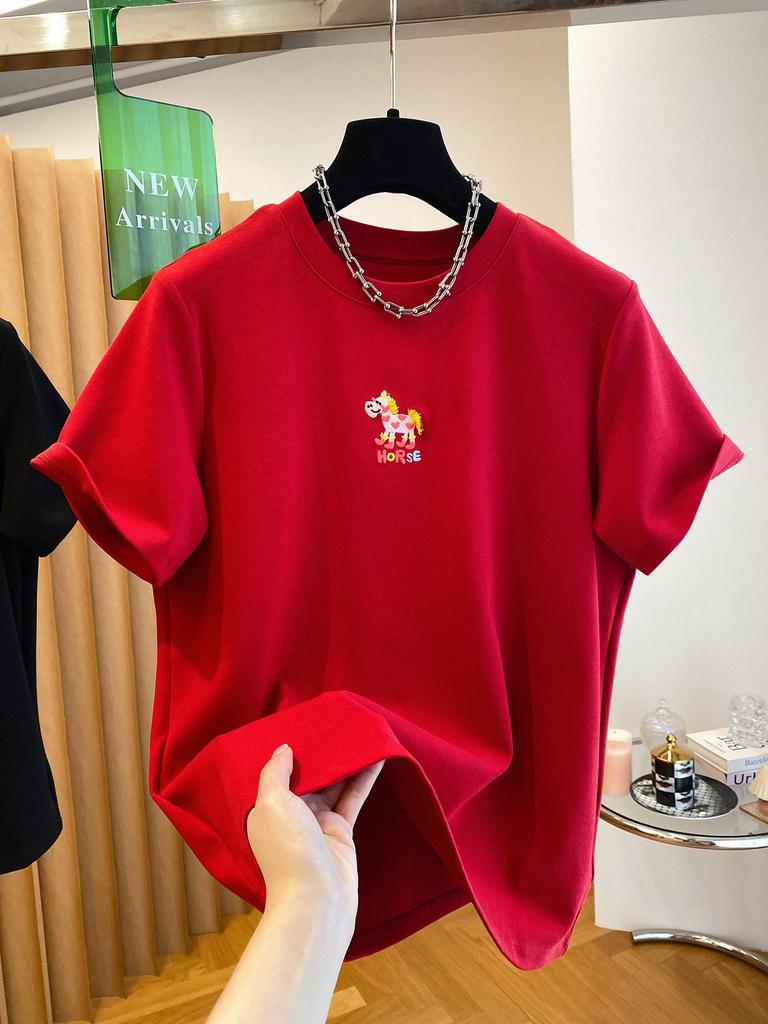Korean Exquisite Horse Embroidery Women's Loose Black T-shirt - Short Sleeve 2026