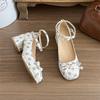 Summer 2025 New French Style Women's Cross Band Thick Heel Mary Janes Floral Embroidery Low Cut Single Shoes Elegant Leather