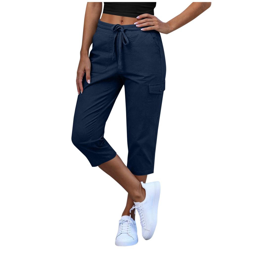 Women Elastic High Waist 3/4 Pant Casual Fit Wide Capris Leg Pants Trousers With Pockets