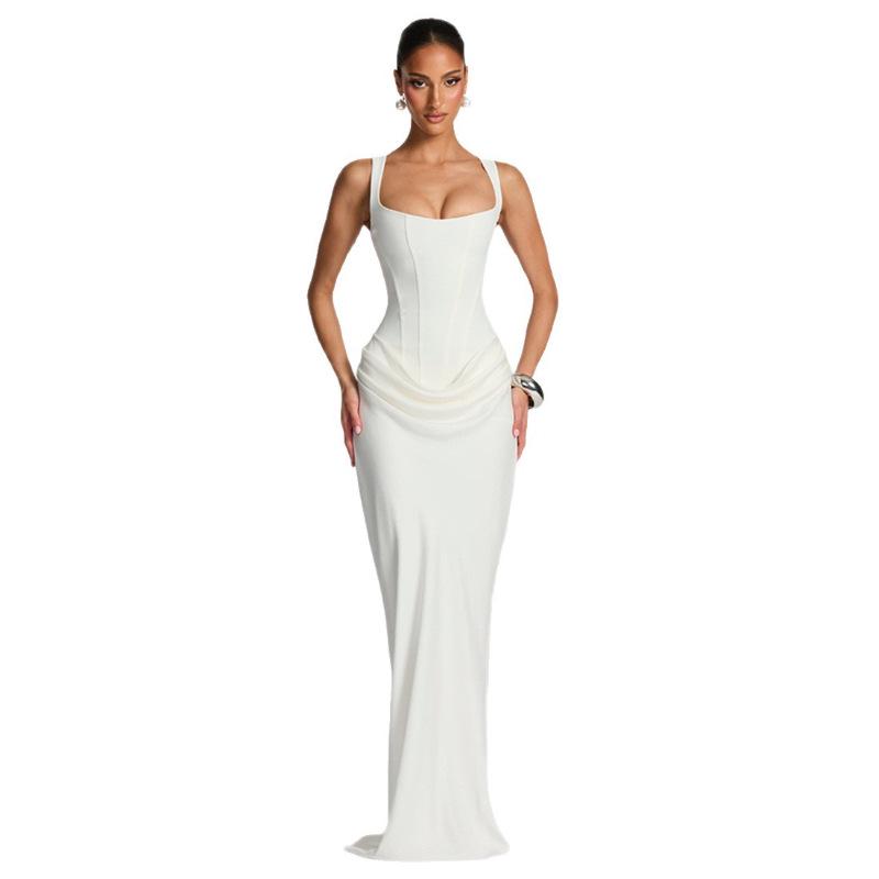 2026 Spring European & American Style Square Neck Pleated Spaghetti Strap Waist-Cinched Hip-Hugging Long Dress