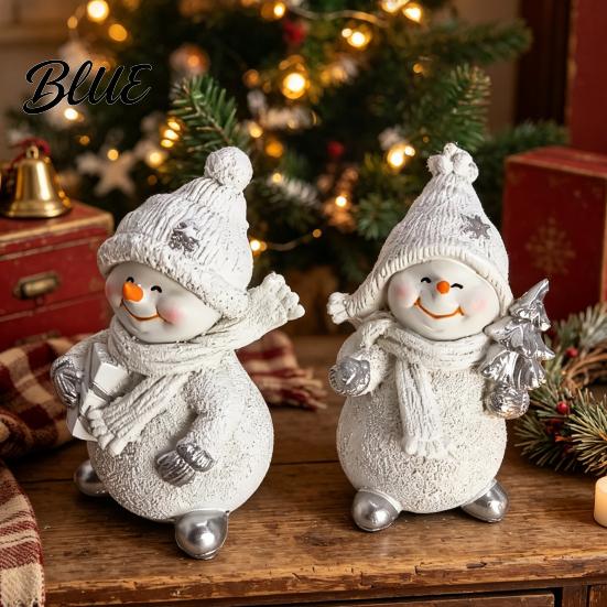 Cute Snowman Statue Gifts 2Pcs Christmas Figurine, Tabletop Decor, Resin Snow with Holiday Window Decorations Knit Hat Scarf for Home Mantel