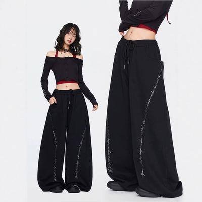 Womens High-Waisted Wide-Leg Cropped Pants Streetwear Hip Hop Dance Loose Fit Cotton Blend