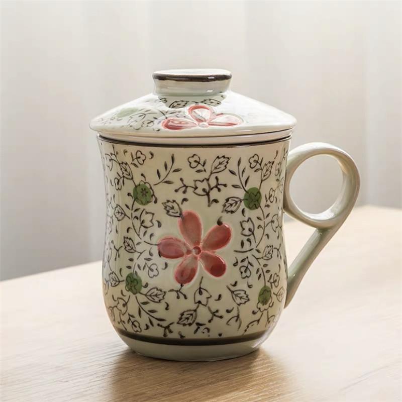 Modrobílý porcelánový šálek na čaj Keramický ručně malovaný Retro hrnek s oddělovačem na vodu a víčkem s filtrem Kancelářské šálky na čaj Nápojové nádobí