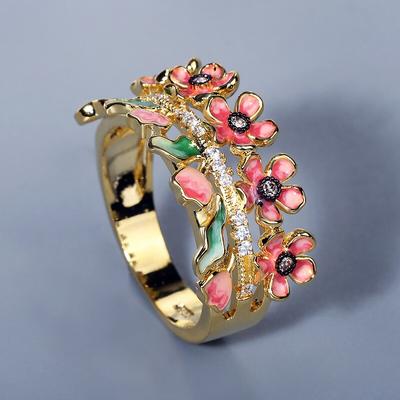 Anello squisito per le donne Anello in oro Anello con fiore smaltato colorato Creativo Elegante anello con fiore Gioielli Partecipa ai gioielli della festa